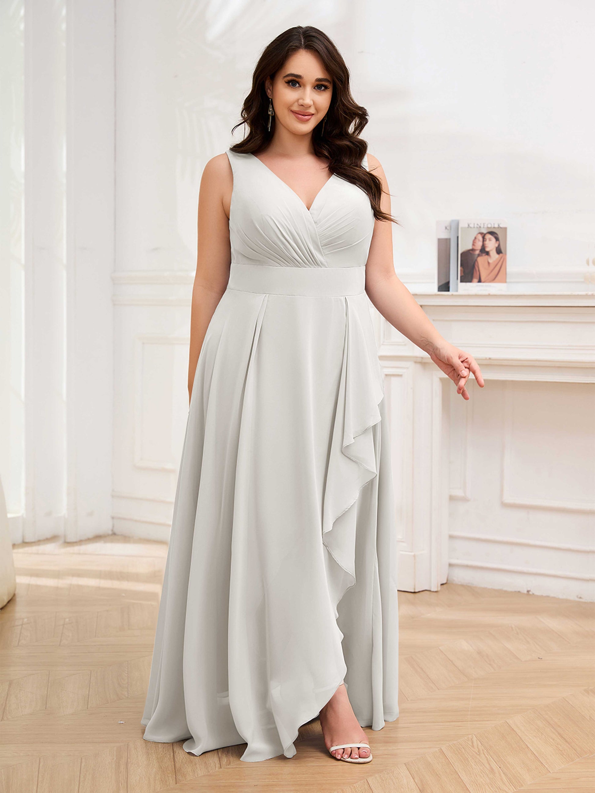 Poised V-Neck Sleeveless Ruffles Chiffon Floor Length Plus Size Brides mollyevers.com Poised V-Neck Sleeveless Ruffles Chiffon Floor Length Plus Size Brides mollyevers.com