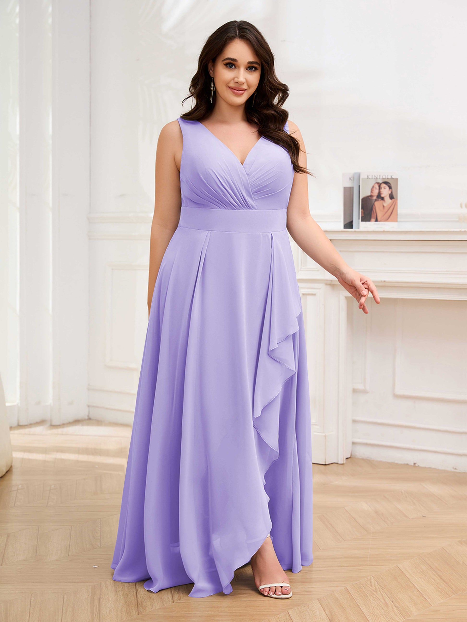 Poised V-Neck Sleeveless Ruffles Chiffon Floor Length Plus Size Brides mollyevers.com Poised V-Neck Sleeveless Ruffles Chiffon Floor Length Plus Size Brides mollyevers.com