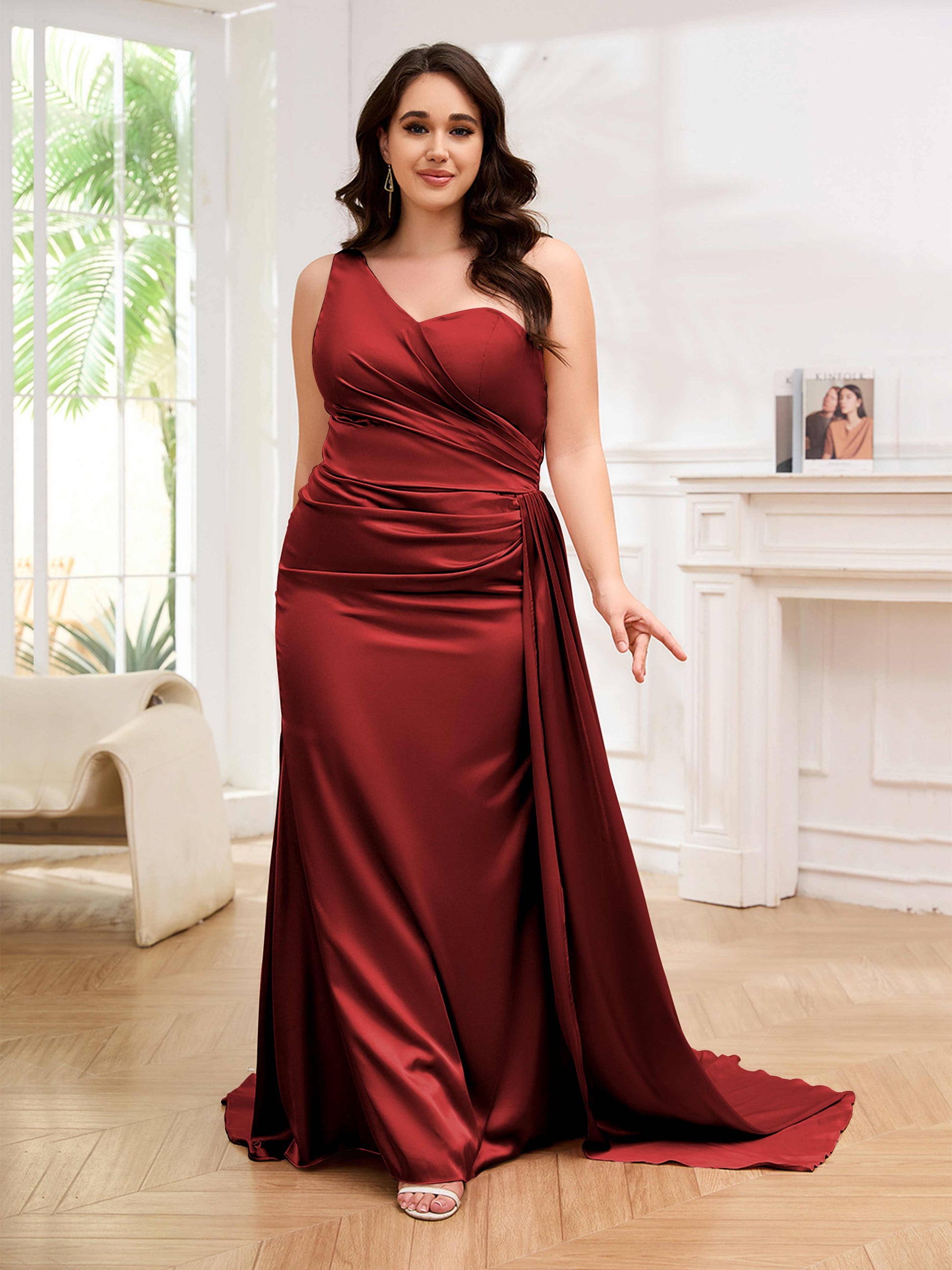one size bridesmaid dresses Dessy Collection Women's One-Shoulder Draped Twist Empire Waist Trumpet Gown, 14