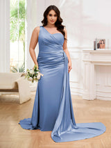 Polished One Shoulder Sweep Train Lace Up Satin Plus Size Bridesmaid Dresses