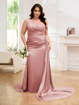 Polished One Shoulder Sweep Train Lace Up Satin Plus Size Bridesmaid Dresses