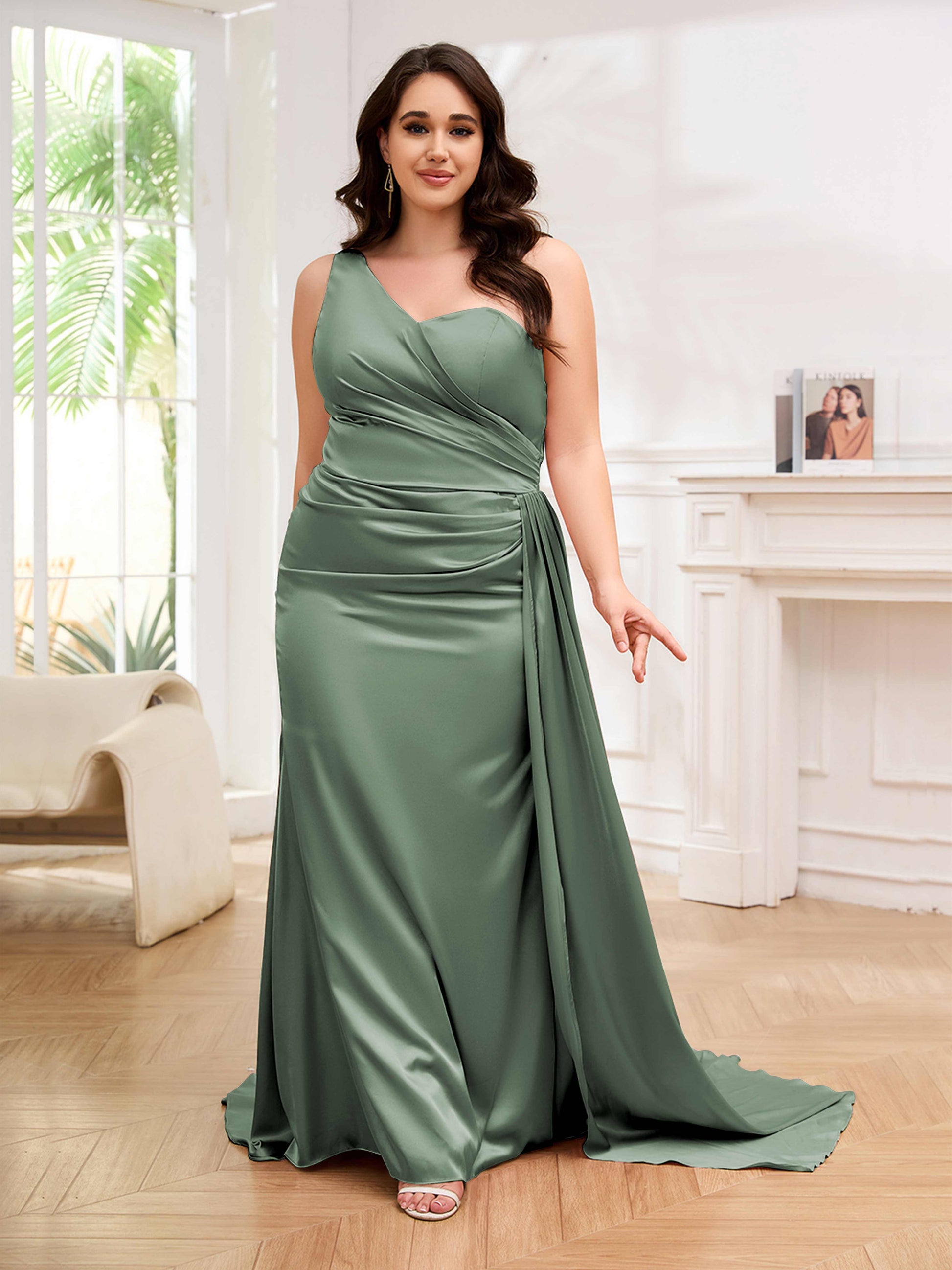 sweep train bridesmaid dresses Trumpet/Mermaid One-Shoulder Sweep Train Silk Like Satin Bridesmaid Dresses With High Split