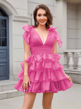Polished V-Neck Tiered A-Line Tulle Mini Homecoming Dresses