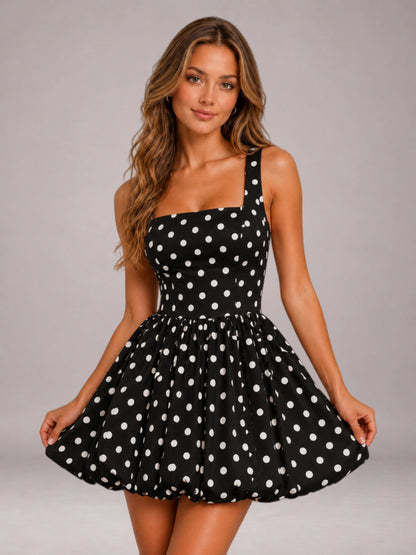 Black Polka Dot Square Bow Back Bubble Hem Mini Homecoming Dress