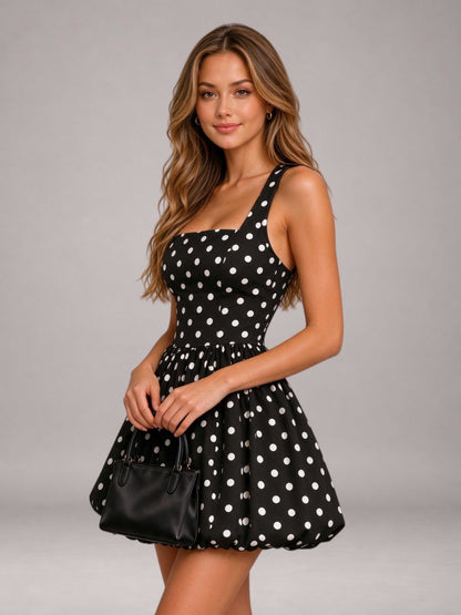 Black Polka Dot Square Bow Back Bubble Hem Mini Homecoming Dress