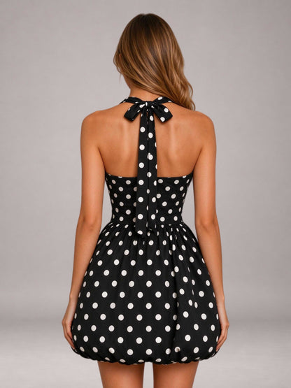 Black Polka Dot Square Bow Back Bubble Hem Mini Homecoming Dress