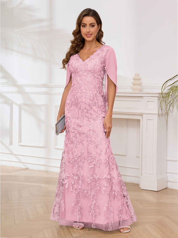 Candy Pink Radiant V-Neck Appliques Mermaid Floor Length Mother Of The Bride Dresses
