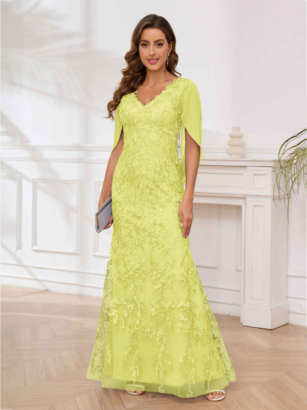 Daffodil Radiant V-Neck Appliques Mermaid Floor Length Mother Of The Bride Dresses