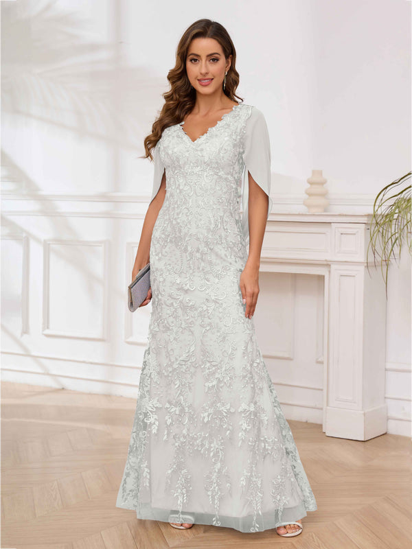 Ivory Radiant V-Neck Appliques Mermaid Floor Length Mother Of The Bride Dresses