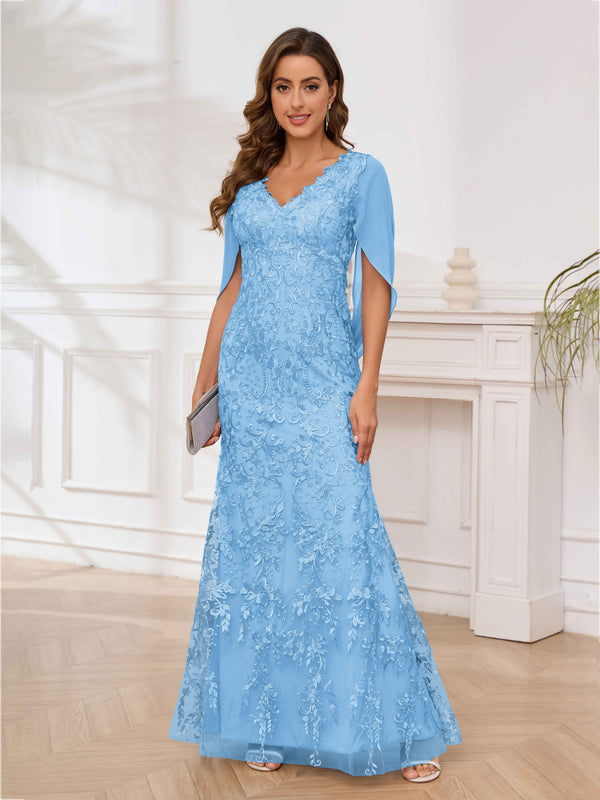 Light Blue Radiant V-Neck Appliques Mermaid Floor Length Mother Of The Bride Dresses