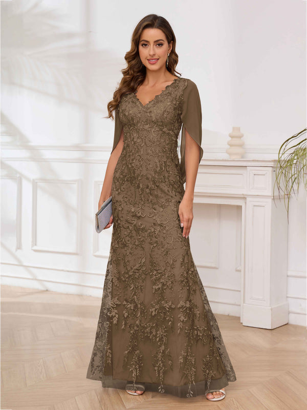 Mocha Radiant V-Neck Appliques Mermaid Floor Length Mother Of The Bride Dresses