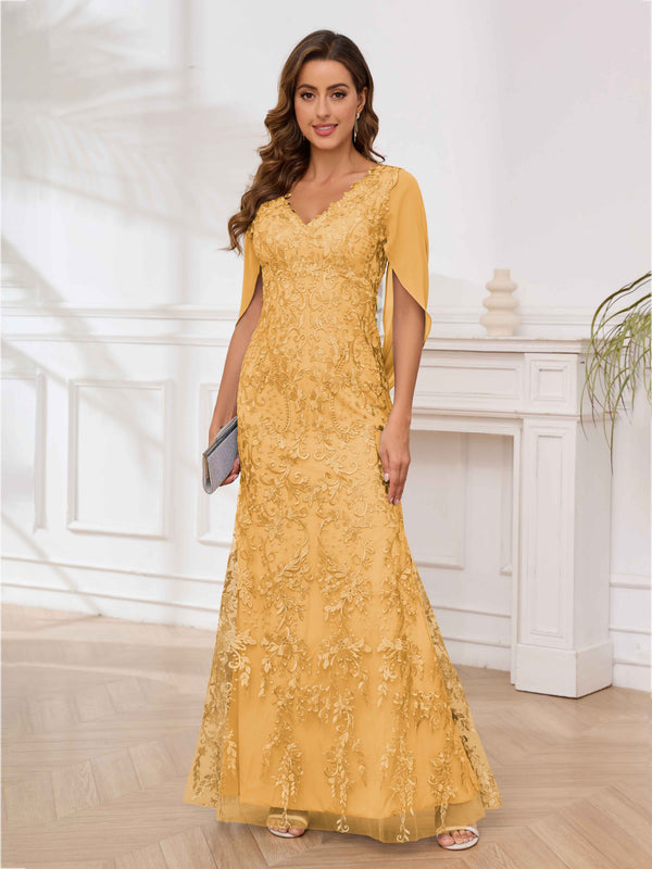 Mustard Radiant V-Neck Appliques Mermaid Floor Length Mother Of The Bride Dresses