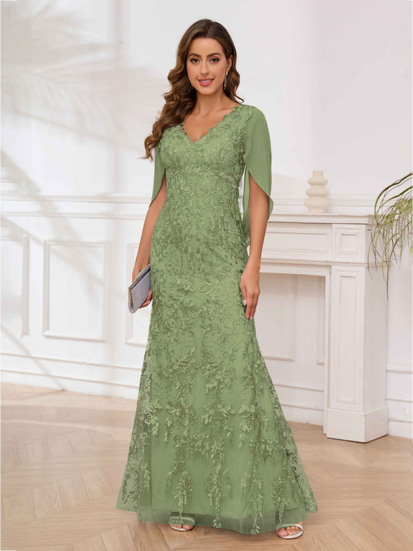 Olive Green Radiant V-Neck Appliques Mermaid Floor Length Mother Of The Bride Dresses