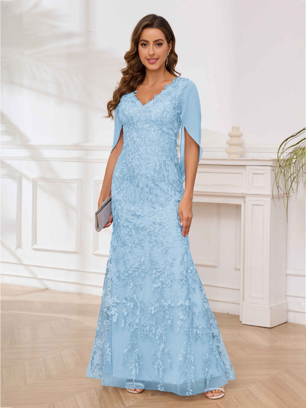 Sky Blue Radiant V-Neck Appliques Mermaid Floor Length Mother Of The Bride Dresses