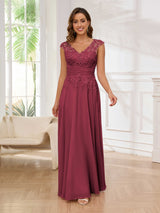 Refined A-Line V-Neck Lace Chiffon Floor Length Mother Of The Bride Dresses