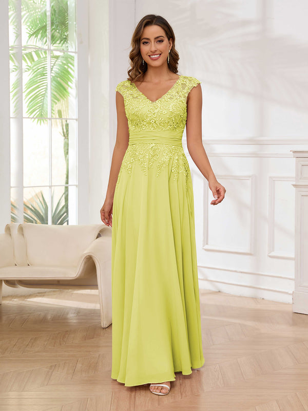 Daffodil Refined A-Line V-Neck Lace Chiffon Floor Length Mother Of The Bride Dresses