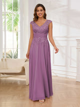 Refined A-Line V-Neck Lace Chiffon Floor Length Mother Of The Bride Dresses