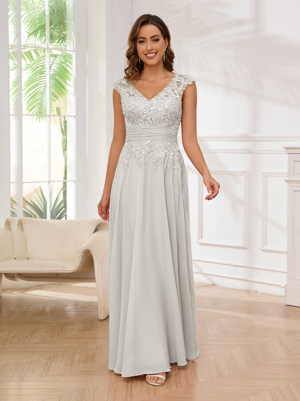 Ivory Refined A-Line V-Neck Lace Chiffon Floor Length Mother Of The Bride Dresses
