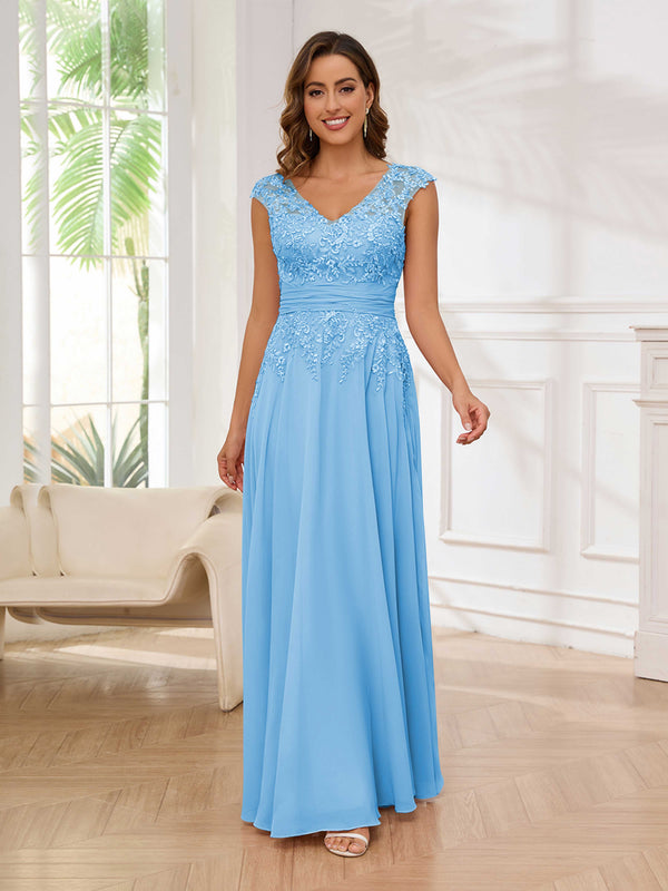 Light Blue Refined A-Line V-Neck Lace Chiffon Floor Length Mother Of The Bride Dresses