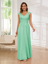 Refined A-Line V-Neck Lace Chiffon Floor Length Mother Of The Bride Dresses
