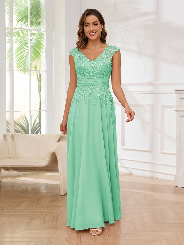 Mint Green Refined A-Line V-Neck Lace Chiffon Floor Length Mother Of The Bride Dresses