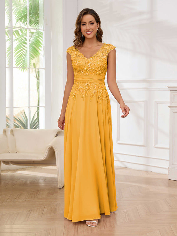 Mustard Refined A-Line V-Neck Lace Chiffon Floor Length Mother Of The Bride Dresses