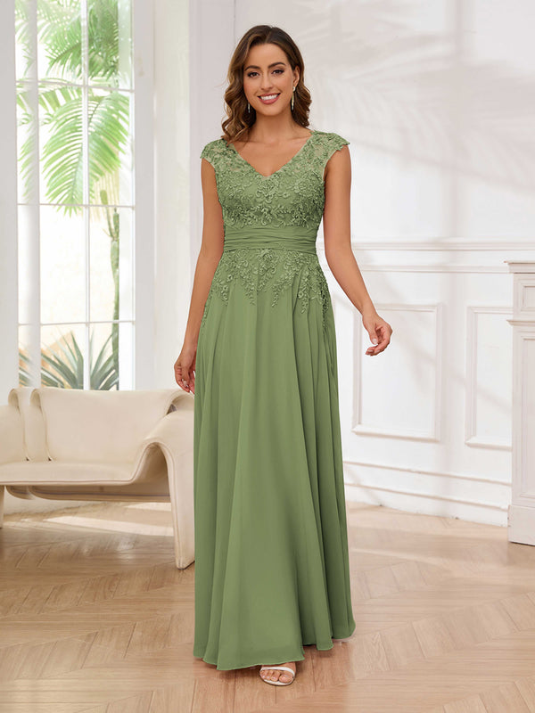 Olive Green Refined A-Line V-Neck Lace Chiffon Floor Length Mother Of The Bride Dresses