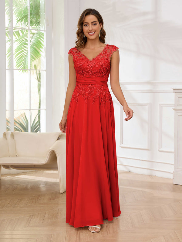 Red Refined A-Line V-Neck Lace Chiffon Floor Length Mother Of The Bride Dresses