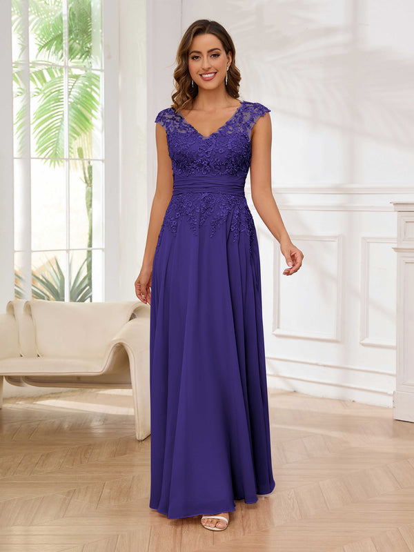 Regency Refined A-Line V-Neck Lace Chiffon Floor Length Mother Of The Bride Dresses