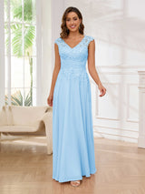 Refined A-Line V-Neck Lace Chiffon Floor Length Mother Of The Bride Dresses