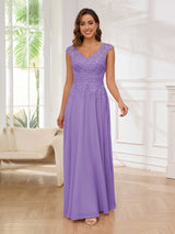 Refined A-Line V-Neck Lace Chiffon Floor Length Mother Of The Bride Dresses