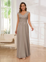 Refined A-Line V-Neck Lace Chiffon Floor Length Mother Of The Bride Dresses