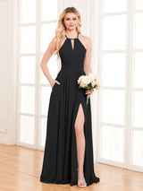 Refined Halter Neck Slit Long Chiffon Bridesmaid Dresses with Pockets