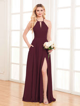 Refined Halter Neck Slit Long Chiffon Bridesmaid Dresses with Pockets