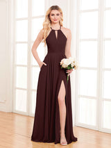 Refined Halter Neck Slit Long Chiffon Bridesmaid Dresses with Pockets
