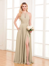 Refined Halter Neck Slit Long Chiffon Bridesmaid Dresses with Pockets