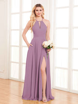Refined Halter Neck Slit Long Chiffon Bridesmaid Dresses with Pockets