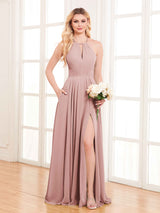 Refined Halter Neck Slit Long Chiffon Bridesmaid Dresses with Pockets