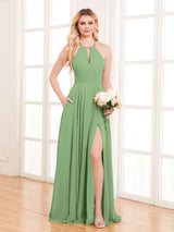 Refined Halter Neck Slit Long Chiffon Bridesmaid Dresses with Pockets