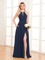 Refined Halter Neck Slit Long Chiffon Bridesmaid Dresses with Pockets