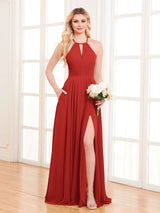 Refined Halter Neck Slit Long Chiffon Bridesmaid Dresses with Pockets