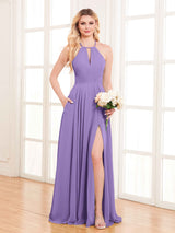 Refined Halter Neck Slit Long Chiffon Bridesmaid Dresses with Pockets