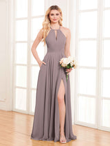 Refined Halter Neck Slit Long Chiffon Bridesmaid Dresses with Pockets