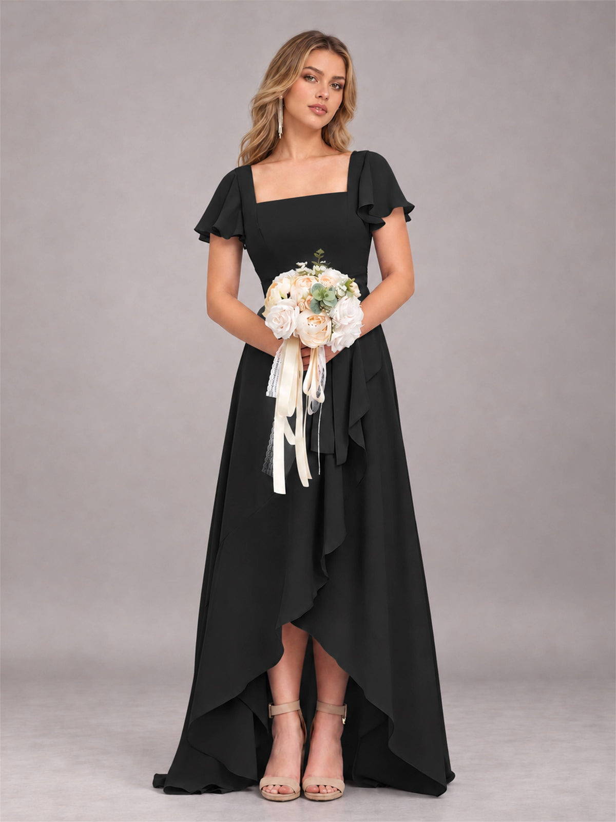 Black Refined High Low Ruffles Chiffon Bridesmaid Dress with Belt
