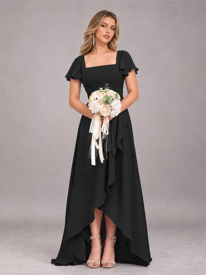 Black Refined High Low Ruffles Chiffon Bridesmaid Dress with Belt