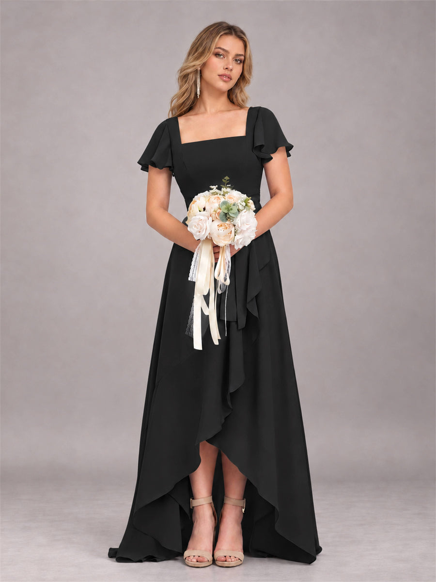 Black Refined High Low Ruffles Chiffon Bridesmaid Dress with Belt