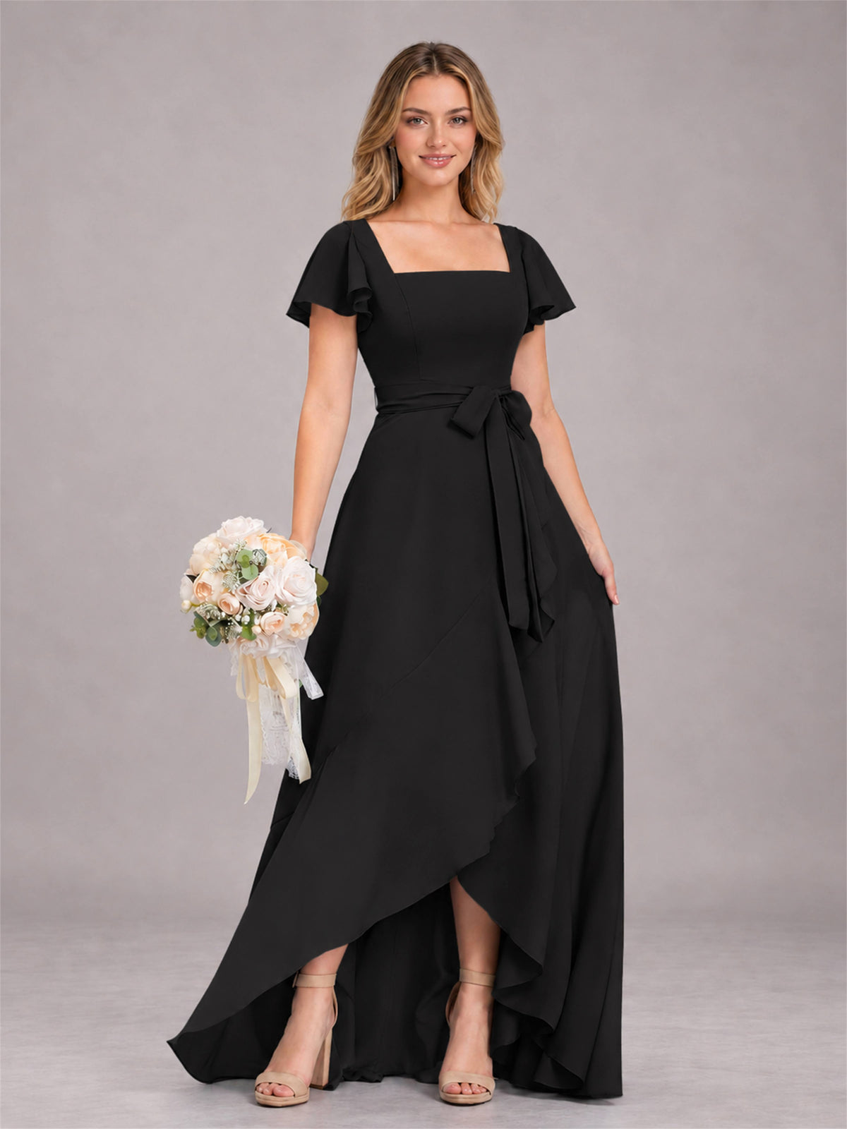 Black Refined High Low Ruffles Chiffon Bridesmaid Dress with Belt