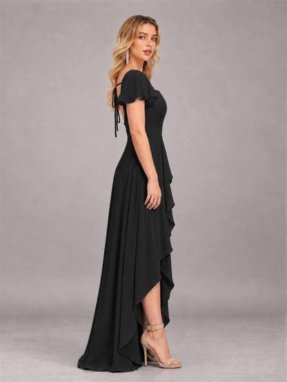 Black Refined High Low Ruffles Chiffon Bridesmaid Dress with Belt