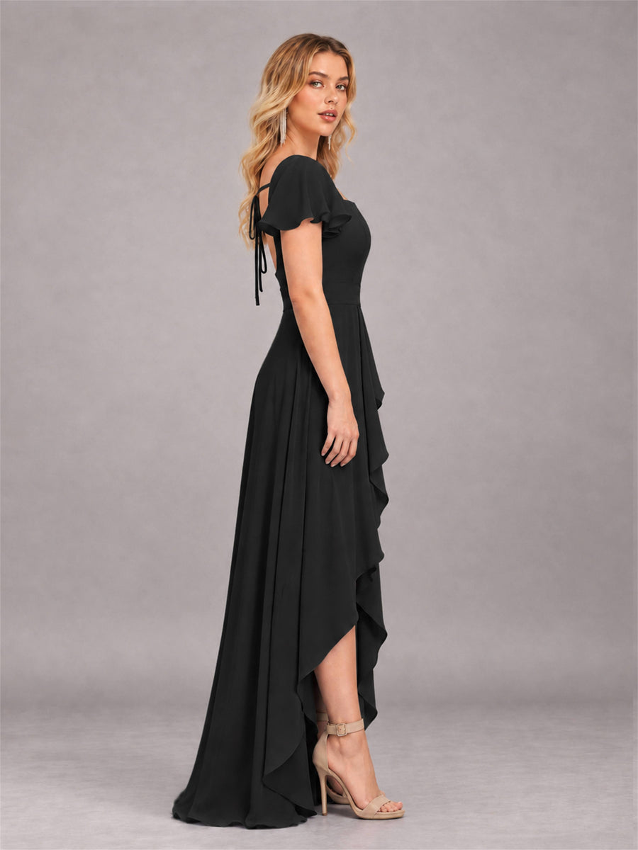 Black Refined High Low Ruffles Chiffon Bridesmaid Dress with Belt