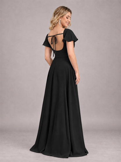 Black Refined High Low Ruffles Chiffon Bridesmaid Dress with Belt